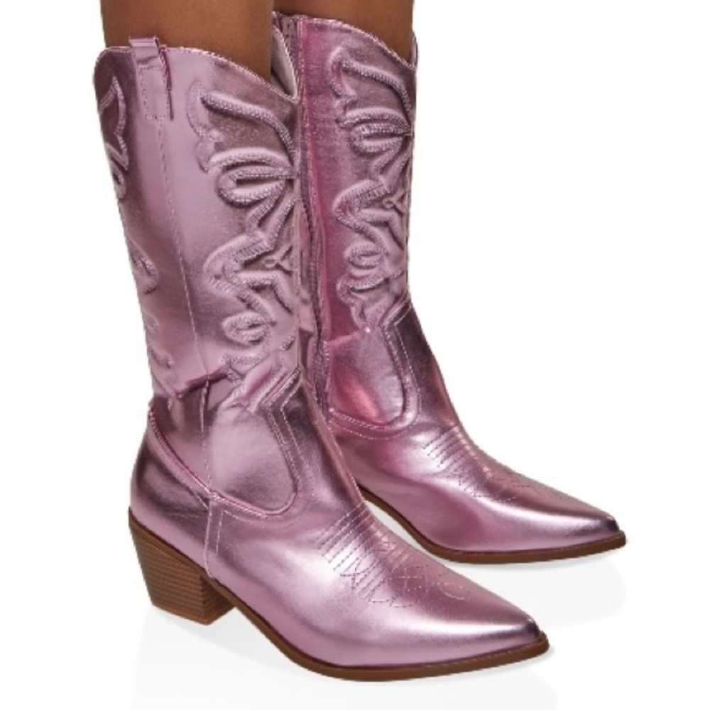 Pink Crinkle Metallic Western Style Heeled Boots